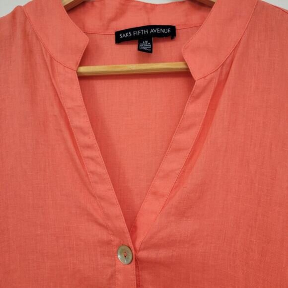 Saks Fifth Avenue Tunic Top Women's Large Coral 100% Linen Long Sleeve Popover - Picture 3 of 10